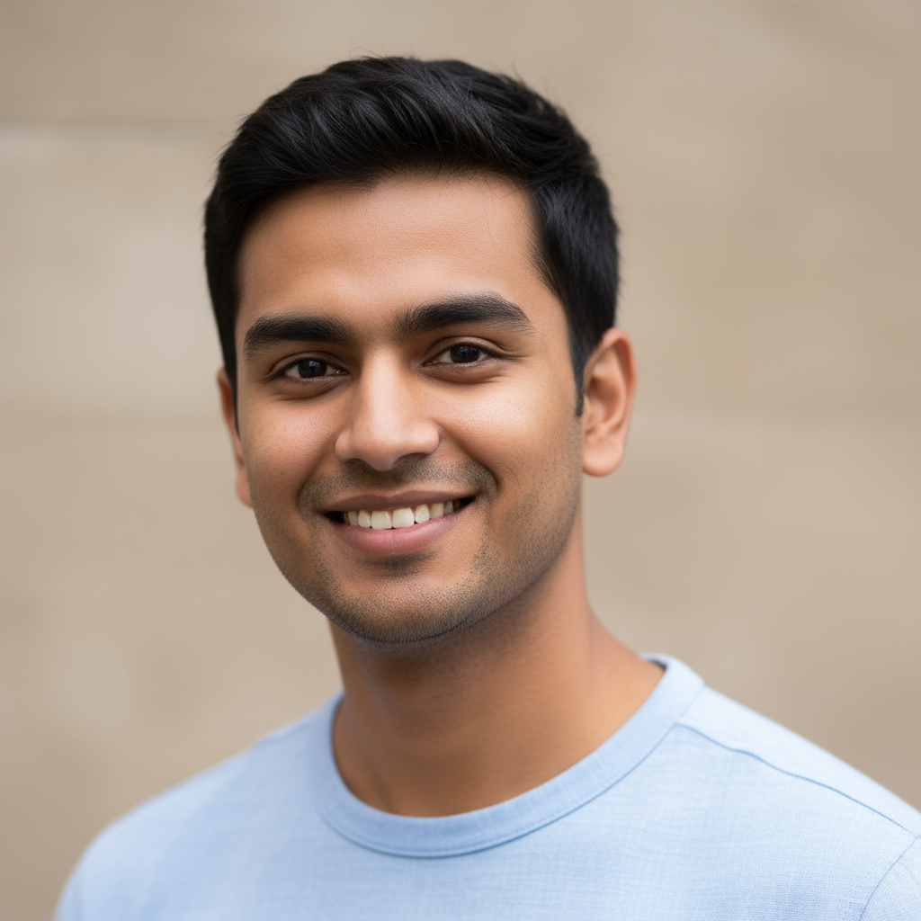 Young Indian man smiling in casual shirt against neutral background
