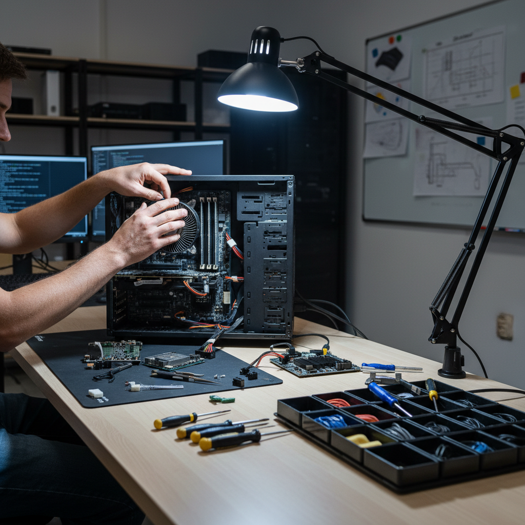 Technician working on computer hardware and software troubleshooting