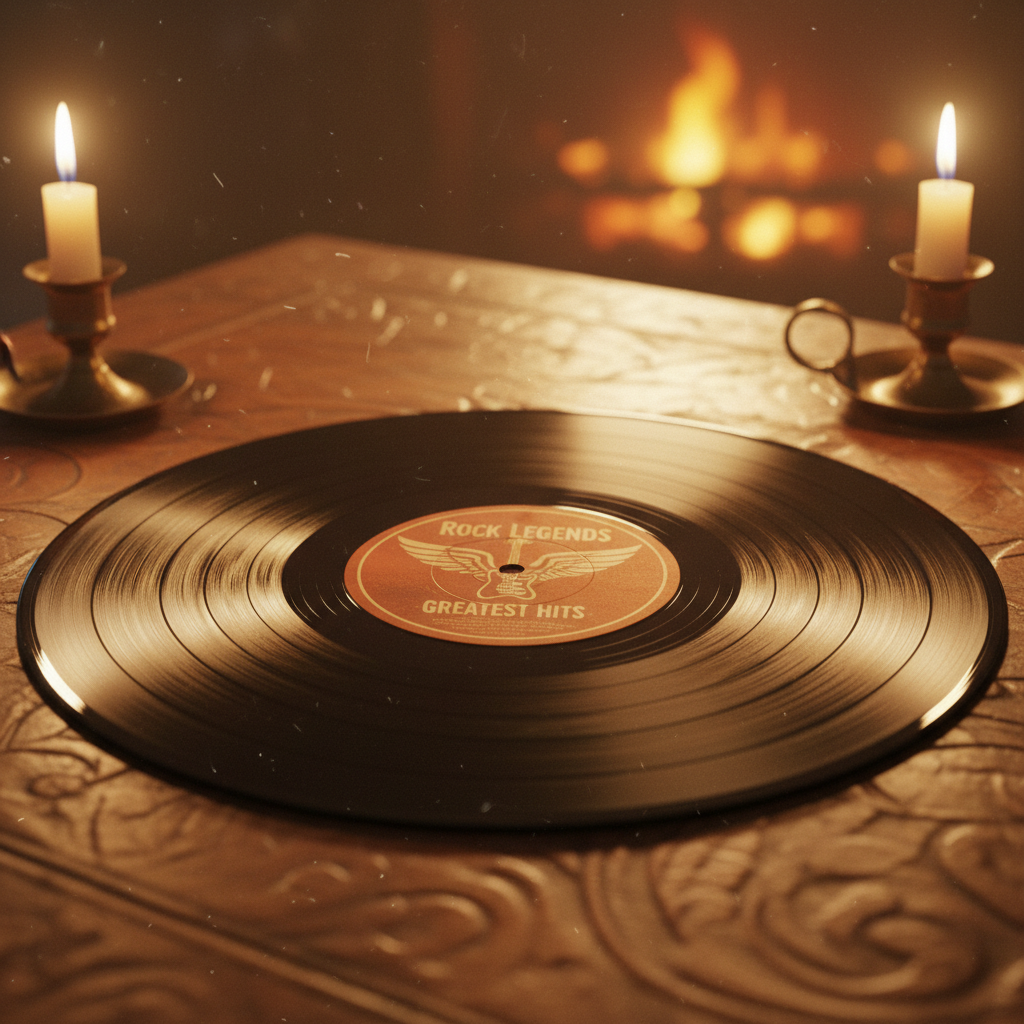 Vinyl record and acoustic guitar in warm amber light, intimate music studio, soft shadows, peaceful and restorative mood