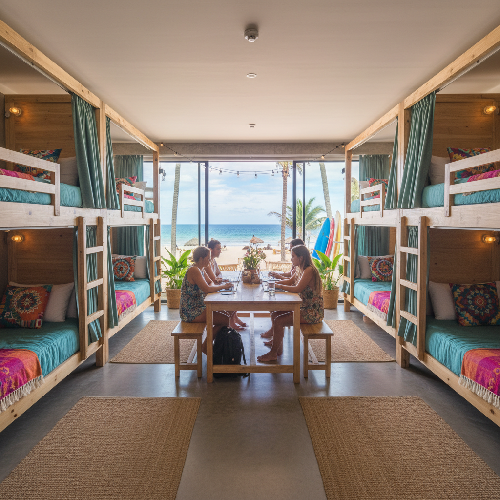 Colorful hostel common area with hammocks and Ganges river view in Rishikesh