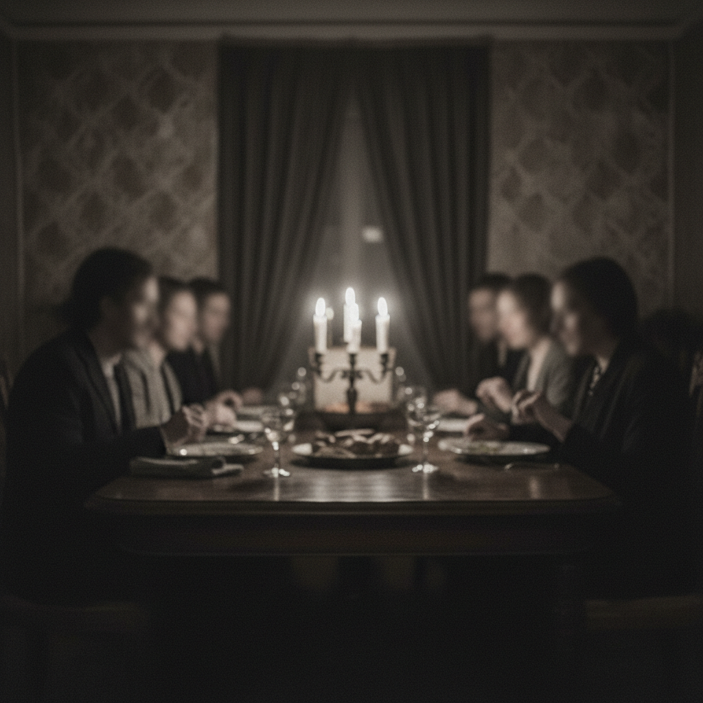 Grainy desaturated dinner scene with blurred faces, representing muffled hearing before treatment