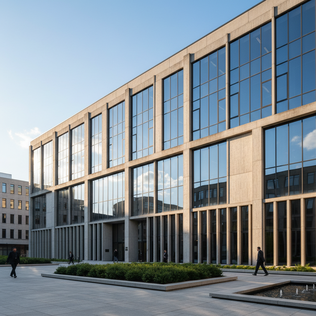 Meridian House exterior showing concrete and glass facade