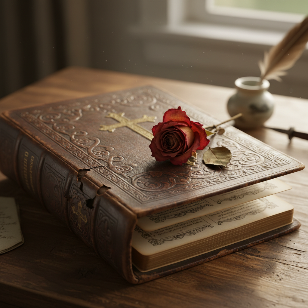 Old leather-bound family Bible with a pressed flower between the pages