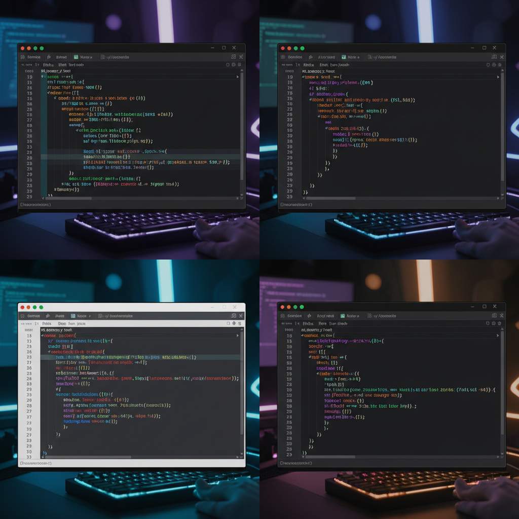 Multiple code editor windows showing different framework syntax with colorful syntax highlighting