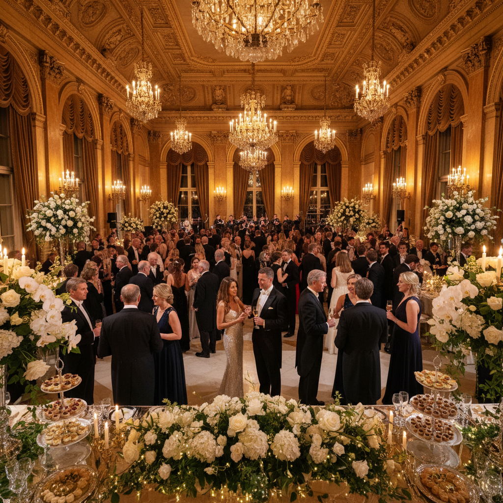 Elegant adult party with white and gold decorations and sophisticated styling