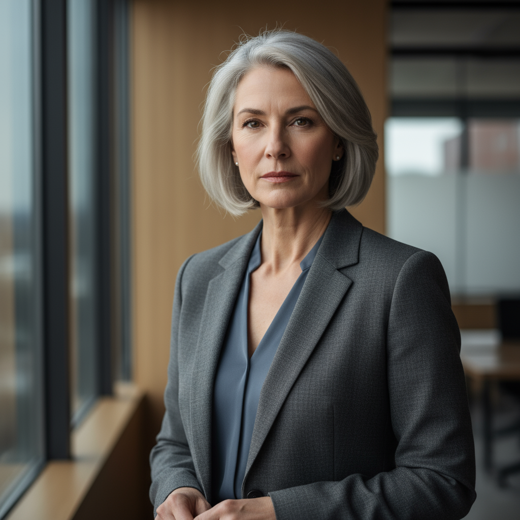 Woman with blonde hair and serious expression