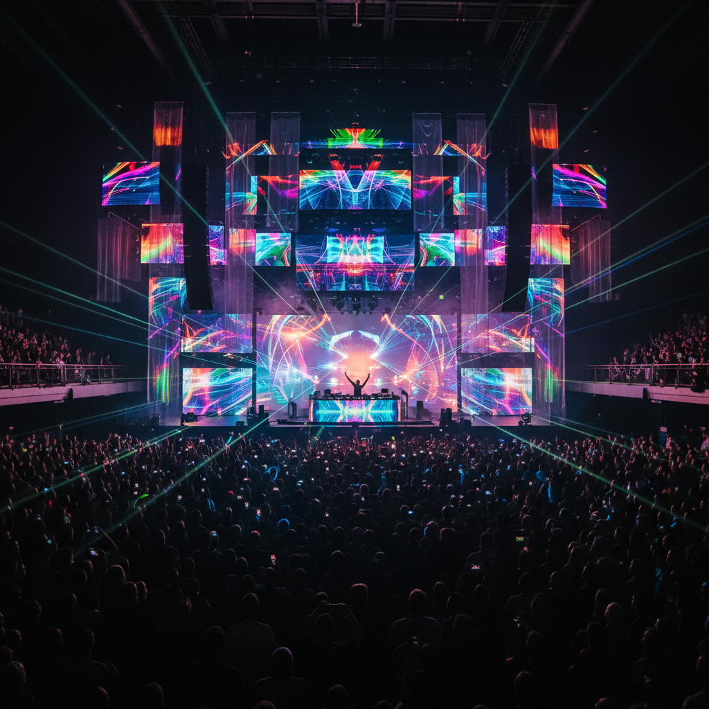 DJ en cabina de mezclas con luces de neón y multitud bailando en festival de música electrónica