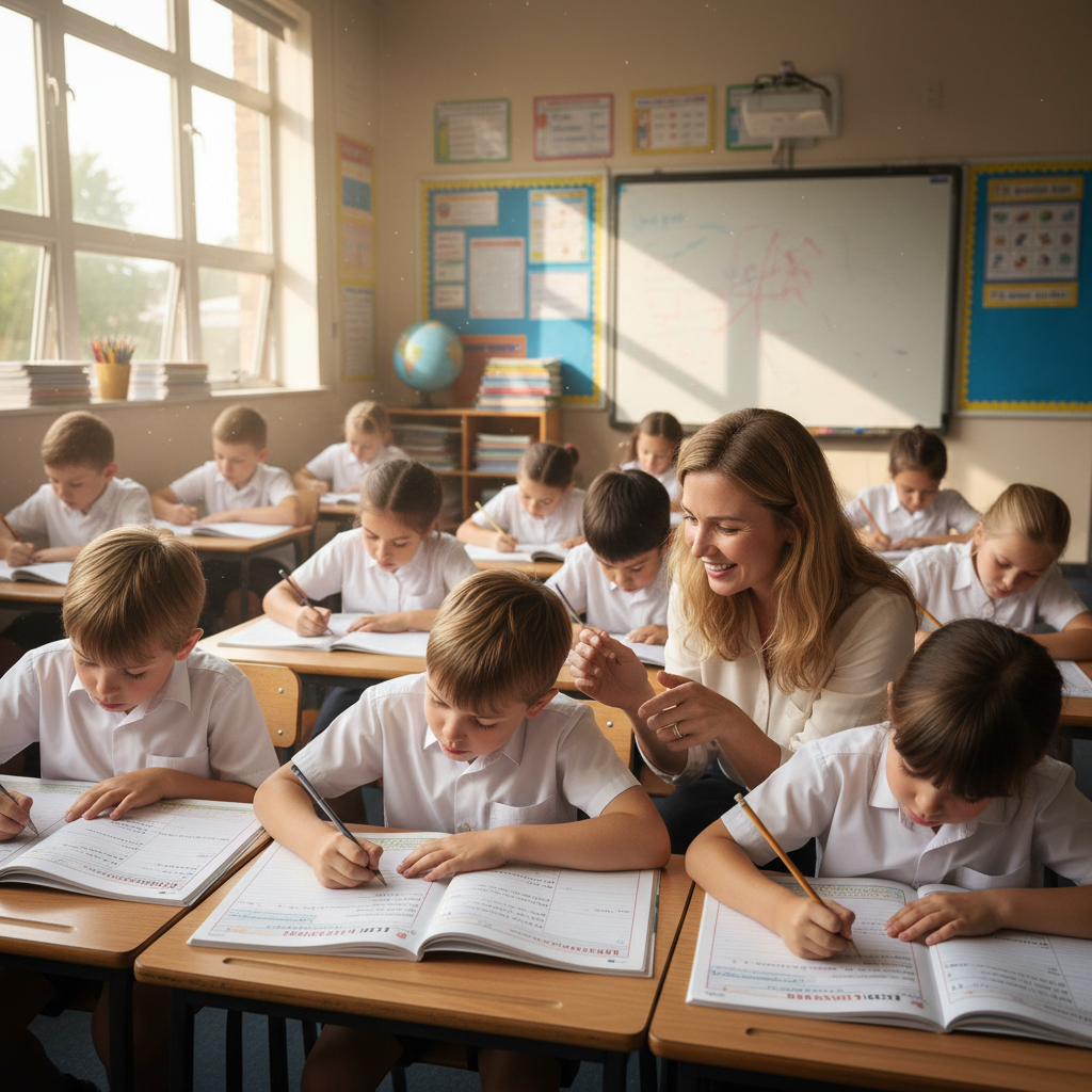 Young students writing in English workbooks with a teacher guiding them