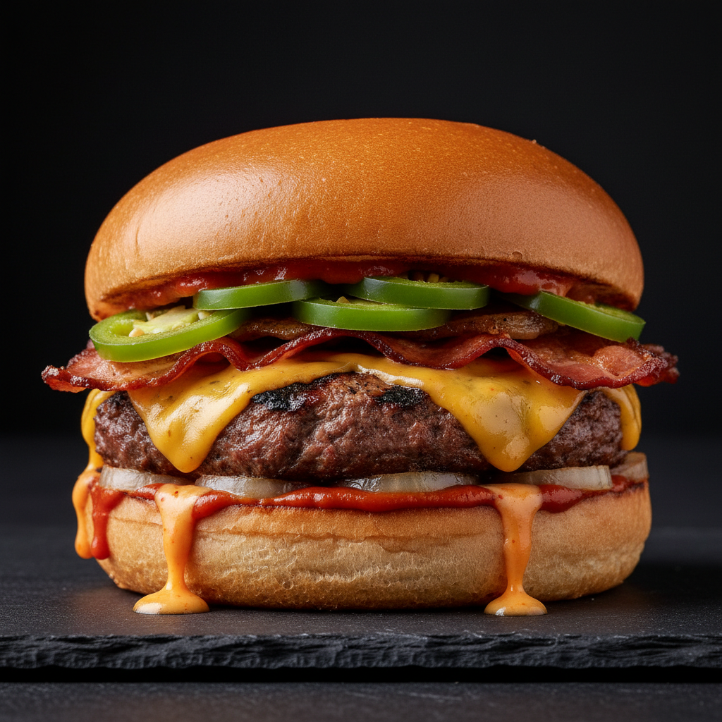 Spicy crispy chicken burger with jalapeños and sriracha drizzle, vibrant colors, dark moody background, street food energy