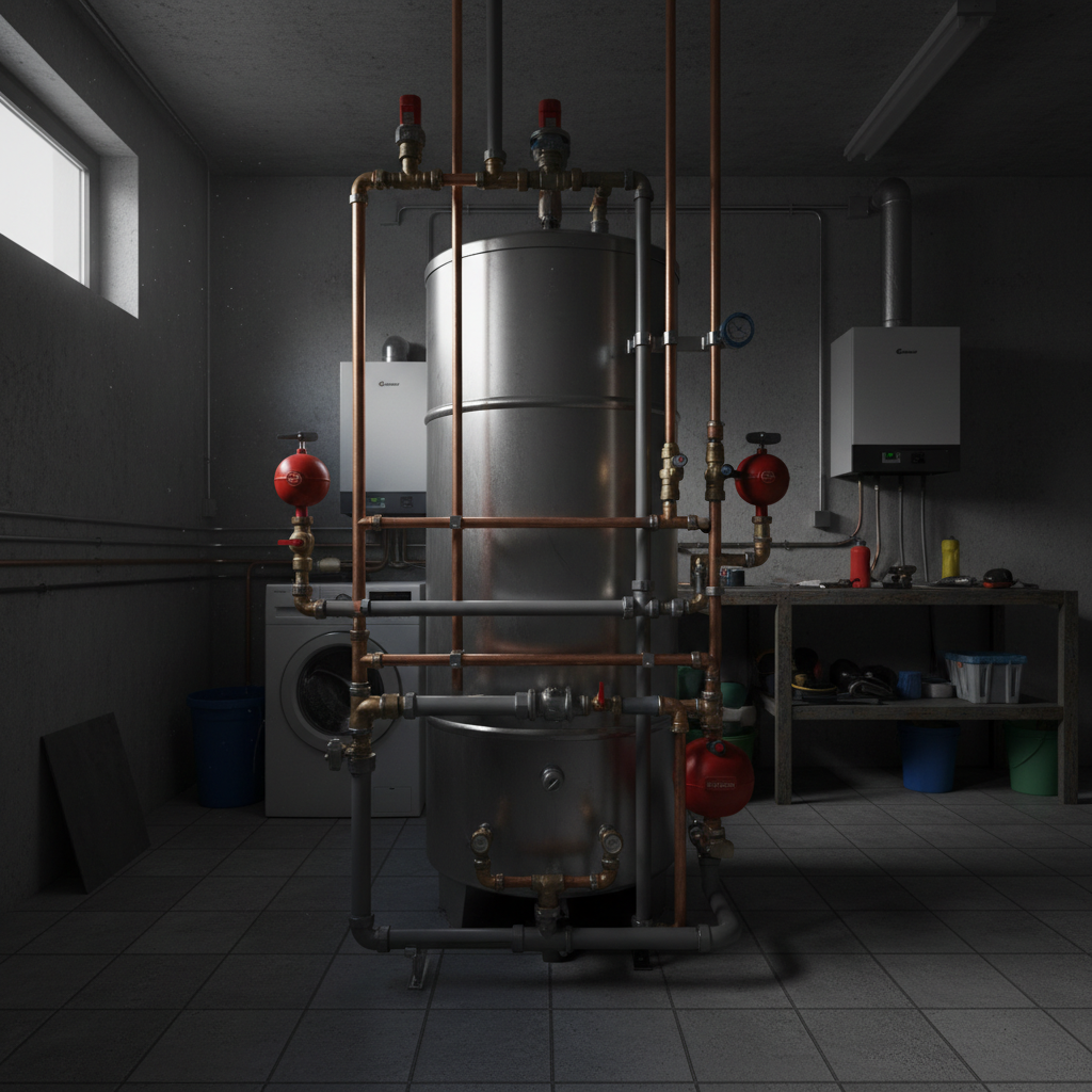 Professional plumber installing water heater in bright utility room