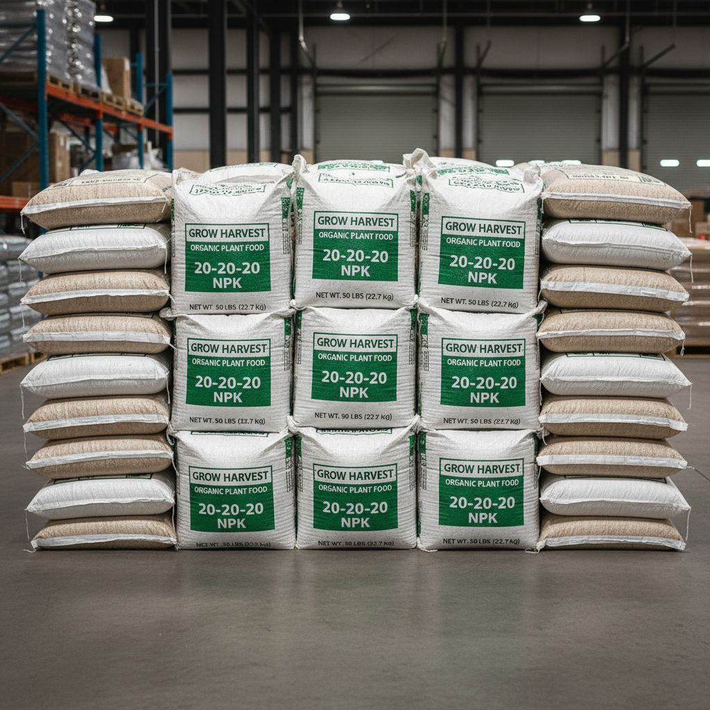 Agricultural fertilizer bags stacked in store, organized warehouse, earthy tones