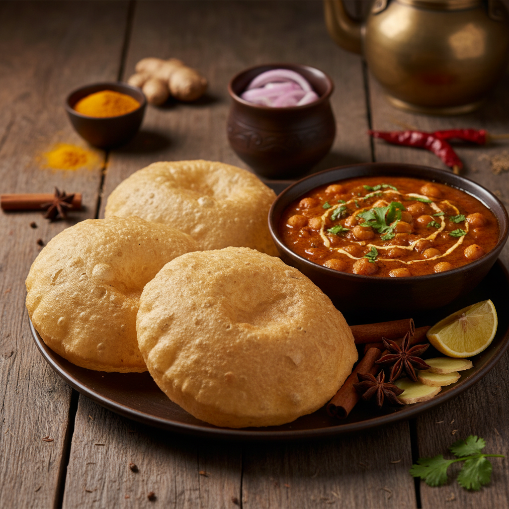 Chole bhature with chickpea curry and fluffy fried bread, traditional Delhi dhaba presentation