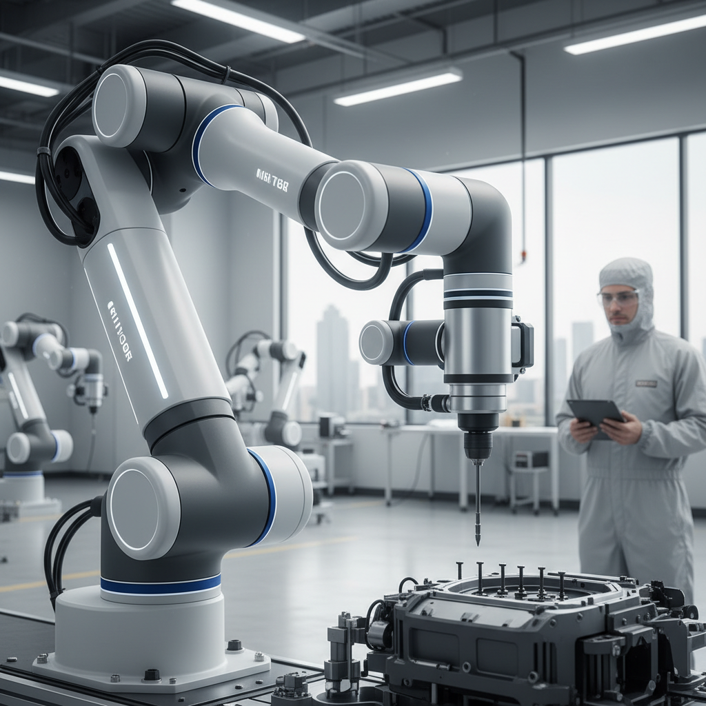 Collaborative robot arm working alongside a human operator in a factory setting