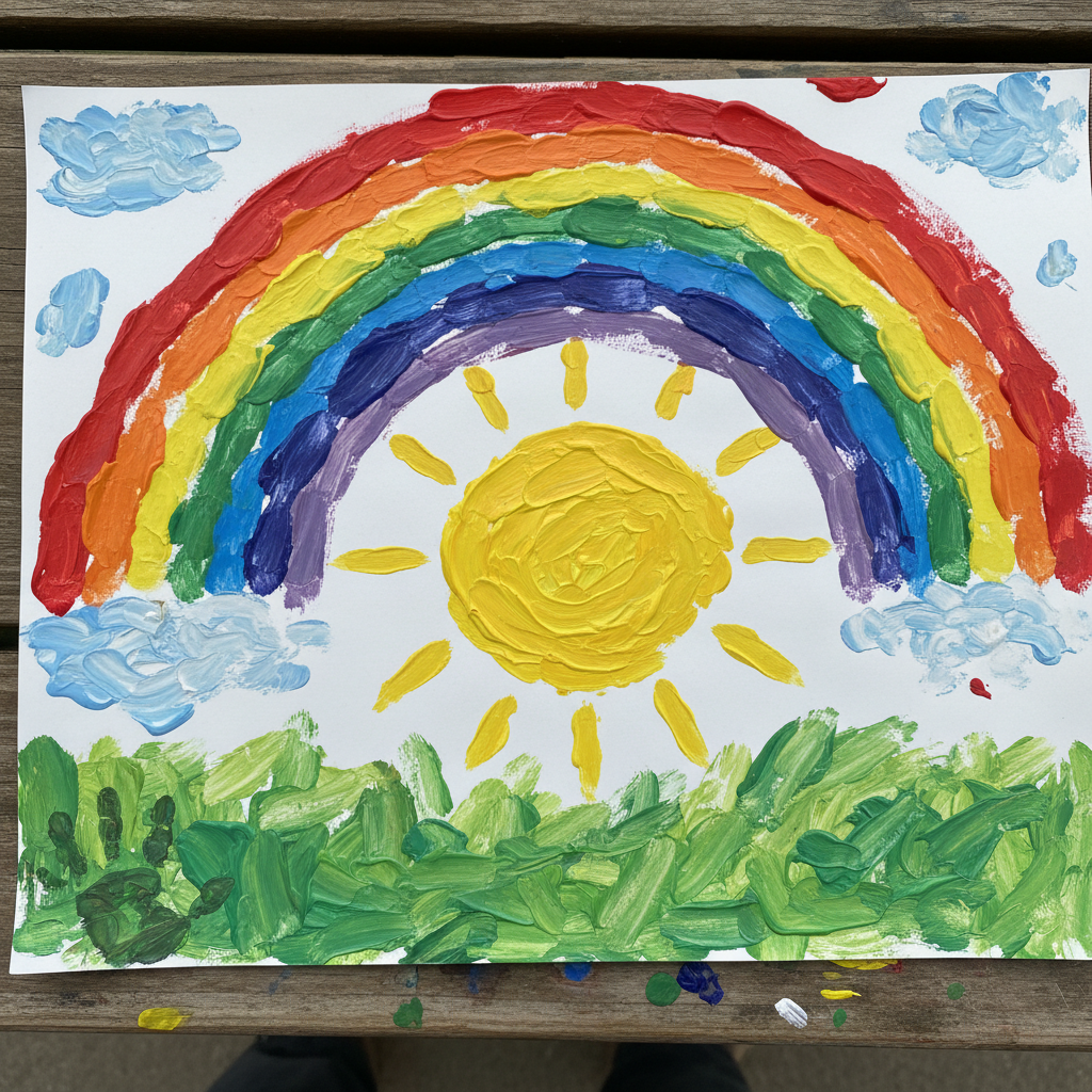 Colorful finger-painted rainbow with yellow sun and green grass by a young child
