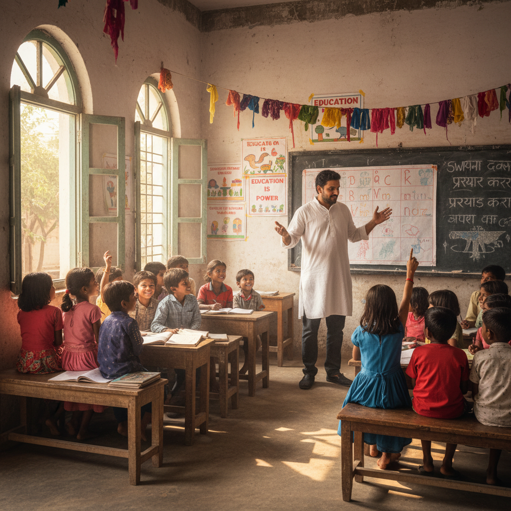 Indian teacher teaching underprivileged children in a school setting in Tamil Nadu