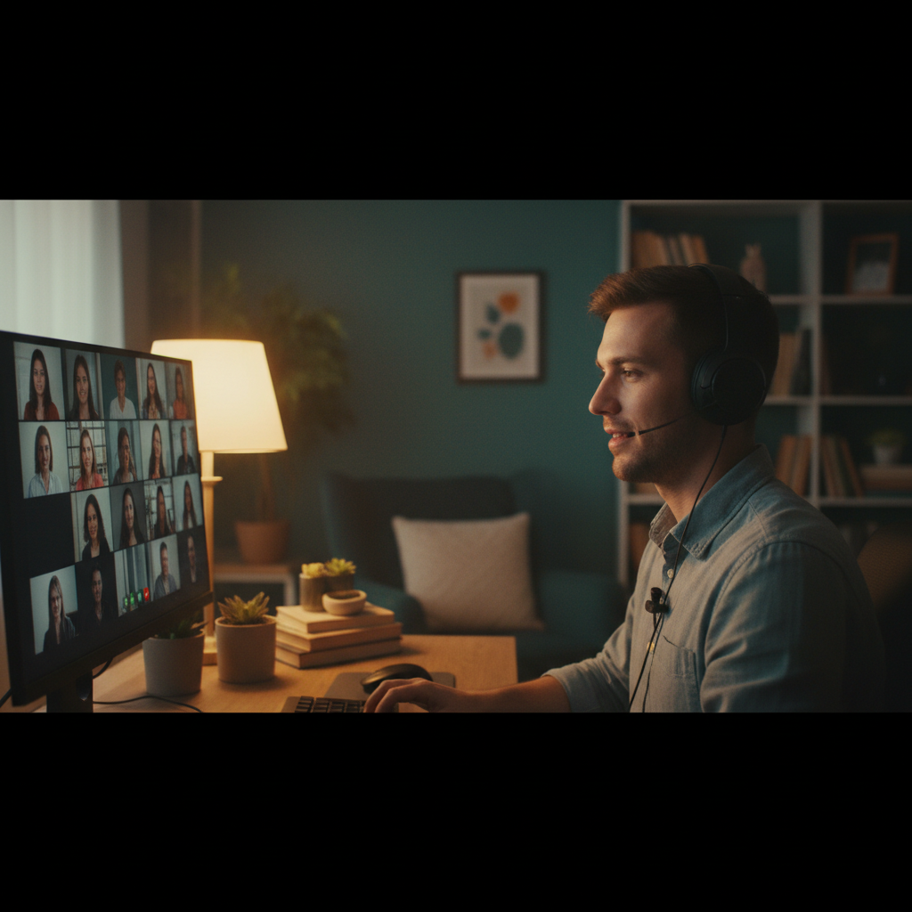 Person streaming a video call from a home office with warm lamp light