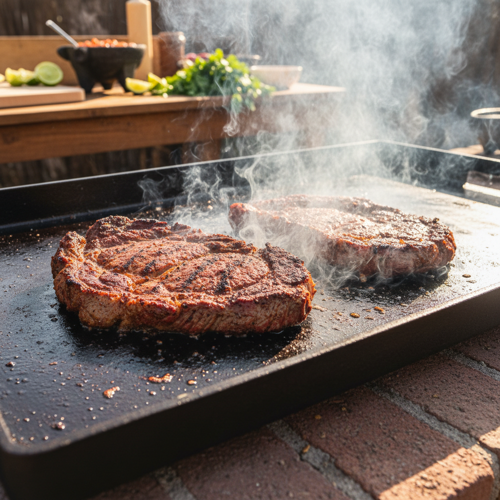 Guajillo-rubbed carne asada sizzling on a flat-top plancha with smoke and steam rising