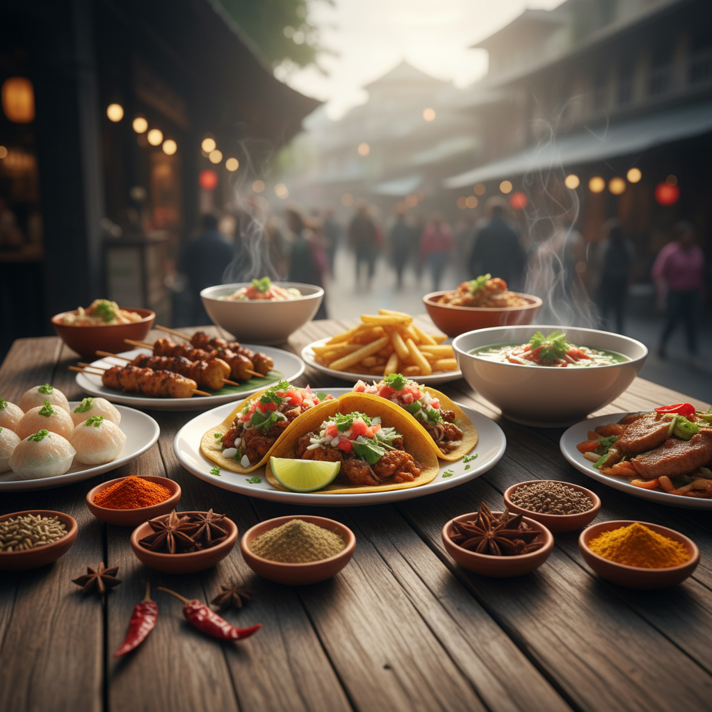 Colorful spread of international street food dishes on a wooden table