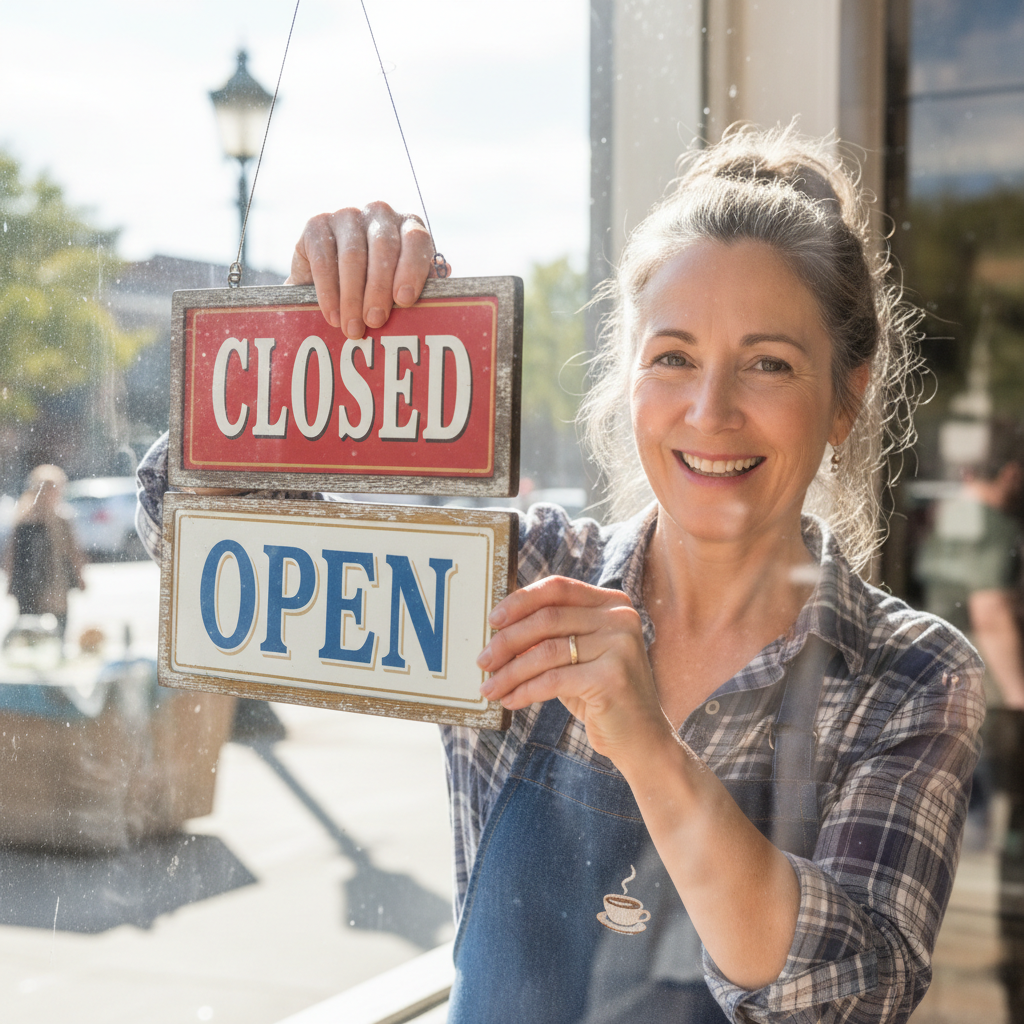 Shop owner flipping an OPEN sign in a storefront window