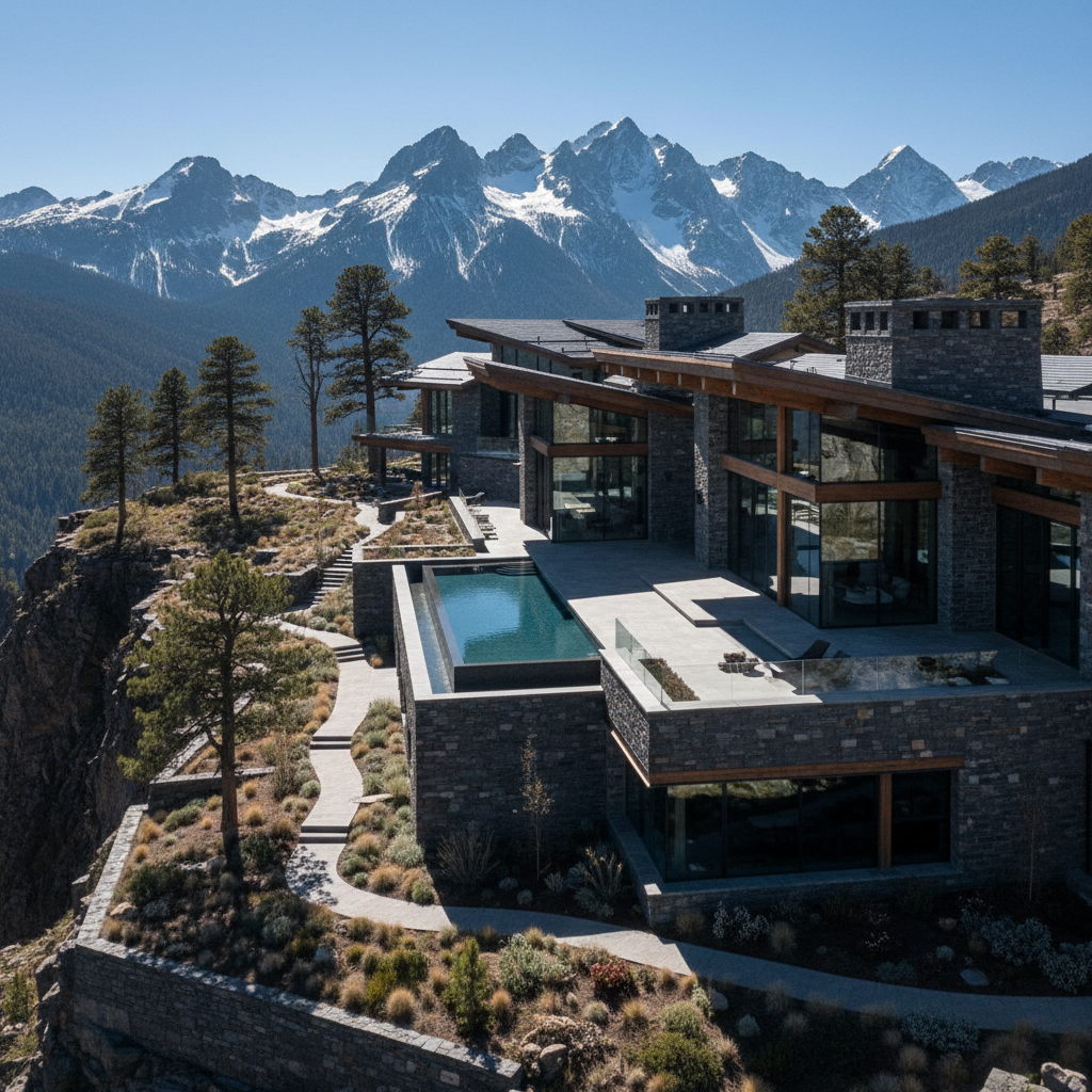 Dramatic sunset panorama of luxury estate with three ridgelines receding into atmospheric haze