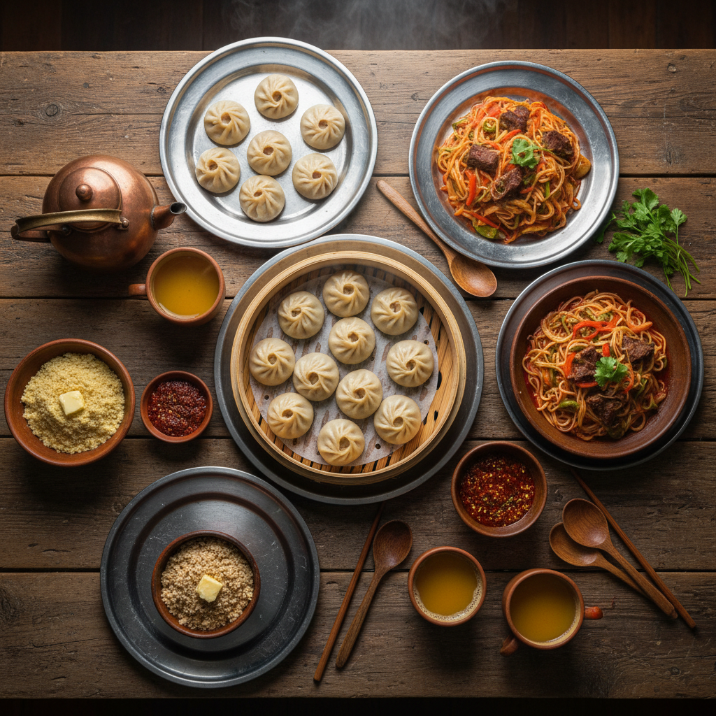 Overhead view of Tibetan dishes arranged on a worn wooden table