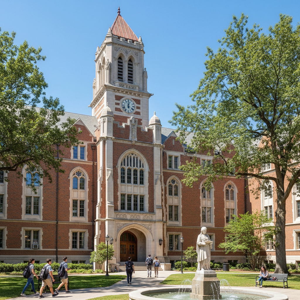 Prestigious university campus building with classical architecture, grand stone columns, sunny day, academic prestige, aspirational educational setting