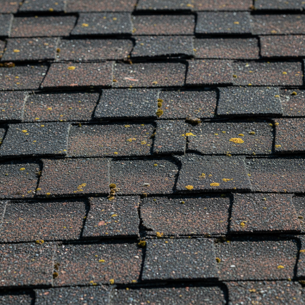 Hail-damaged roof shingles close-up showing impact craters and granule loss on asphalt shingles