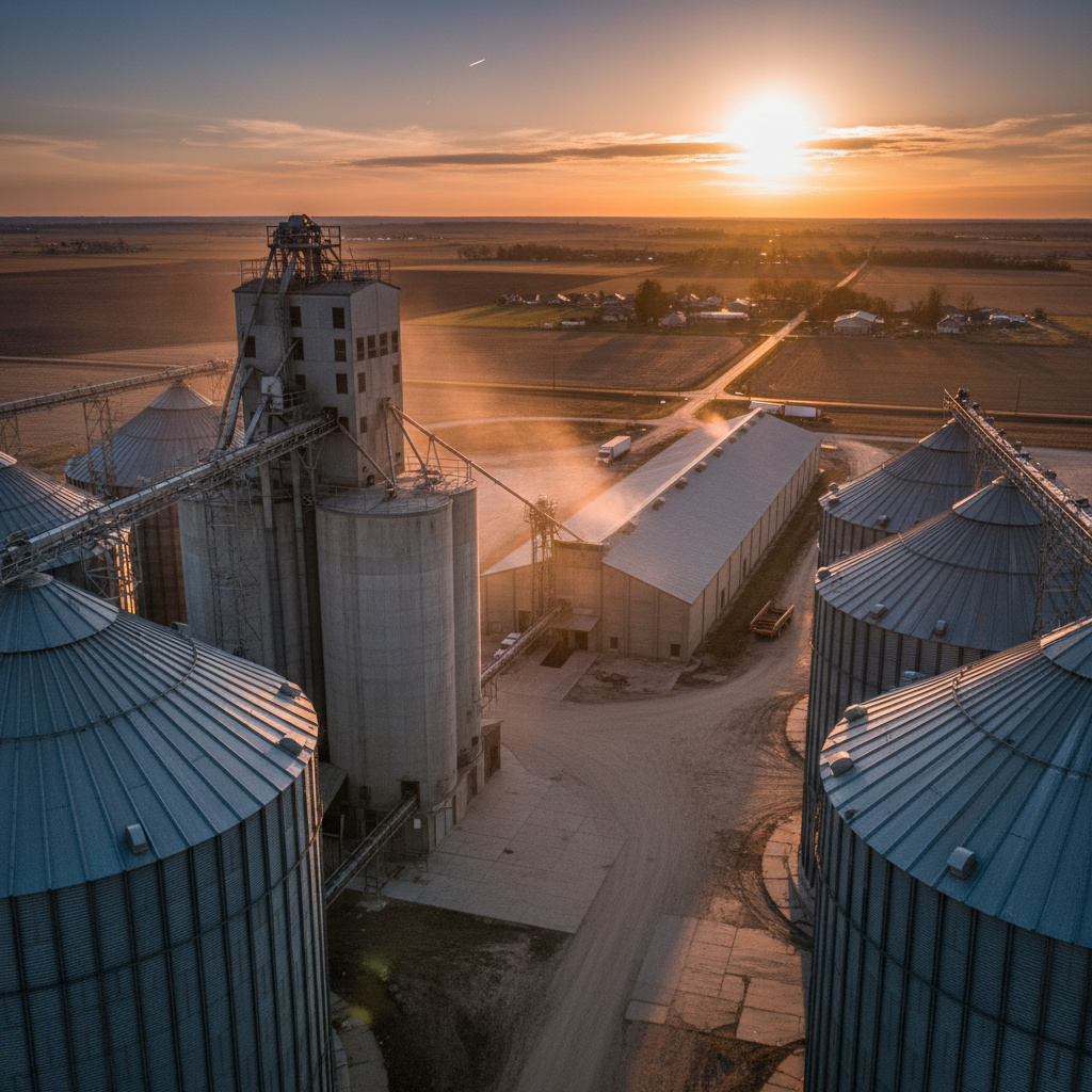 Large grain silos and agricultural commodity storage facility at golden hour, bulk logistics and transport hub