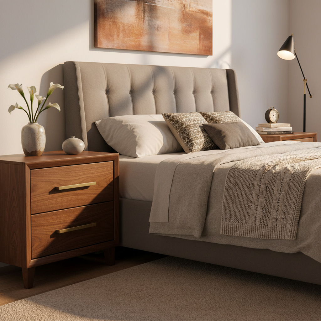 Pair of walnut nightstands with single drawer, tapered legs, beside modern bed