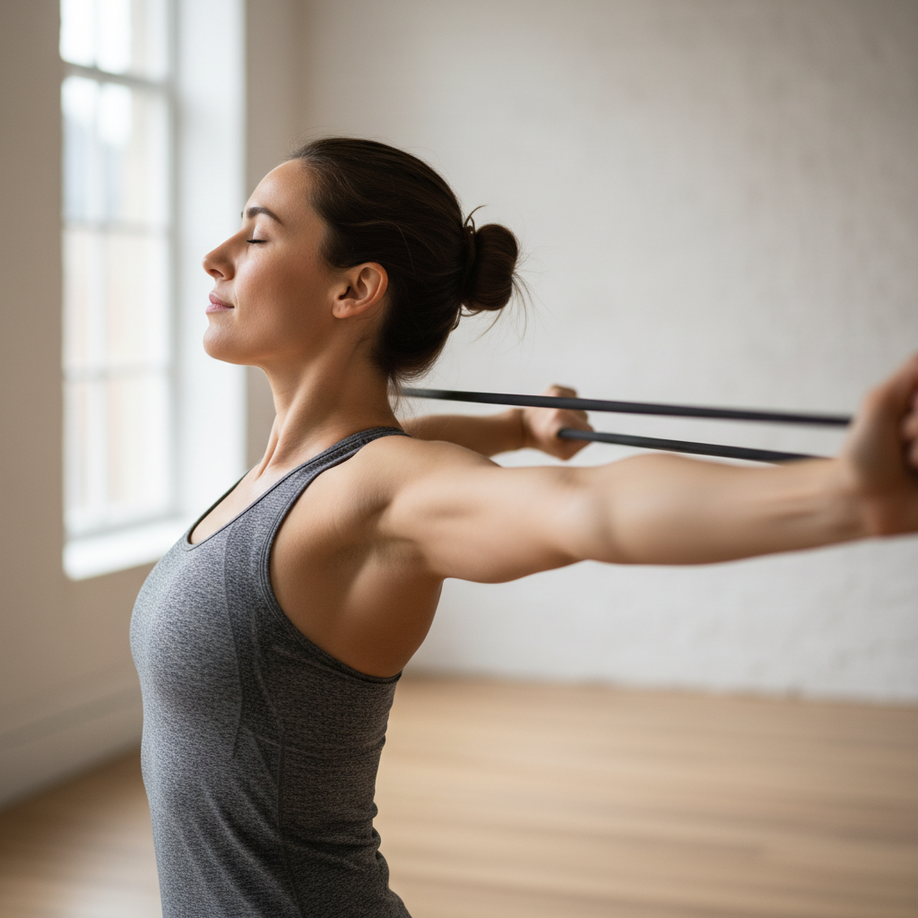 Woman using resistance bands during home workout in bright serene space
