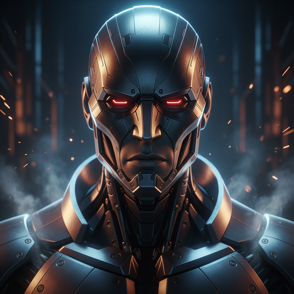 Hyperdetailed cyborg character bust with subsurface scattering on metallic skin, dramatic rim lighting