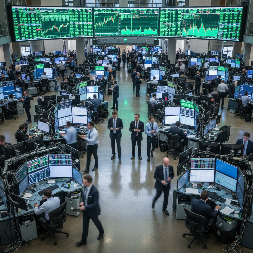 Stock market trading floor with digital displays showing green upward trending charts and financial data