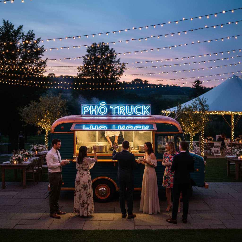 Wide environmental shot of PhoTruck at a wedding reception at dusk, fairy lights, guests gathered around the service window