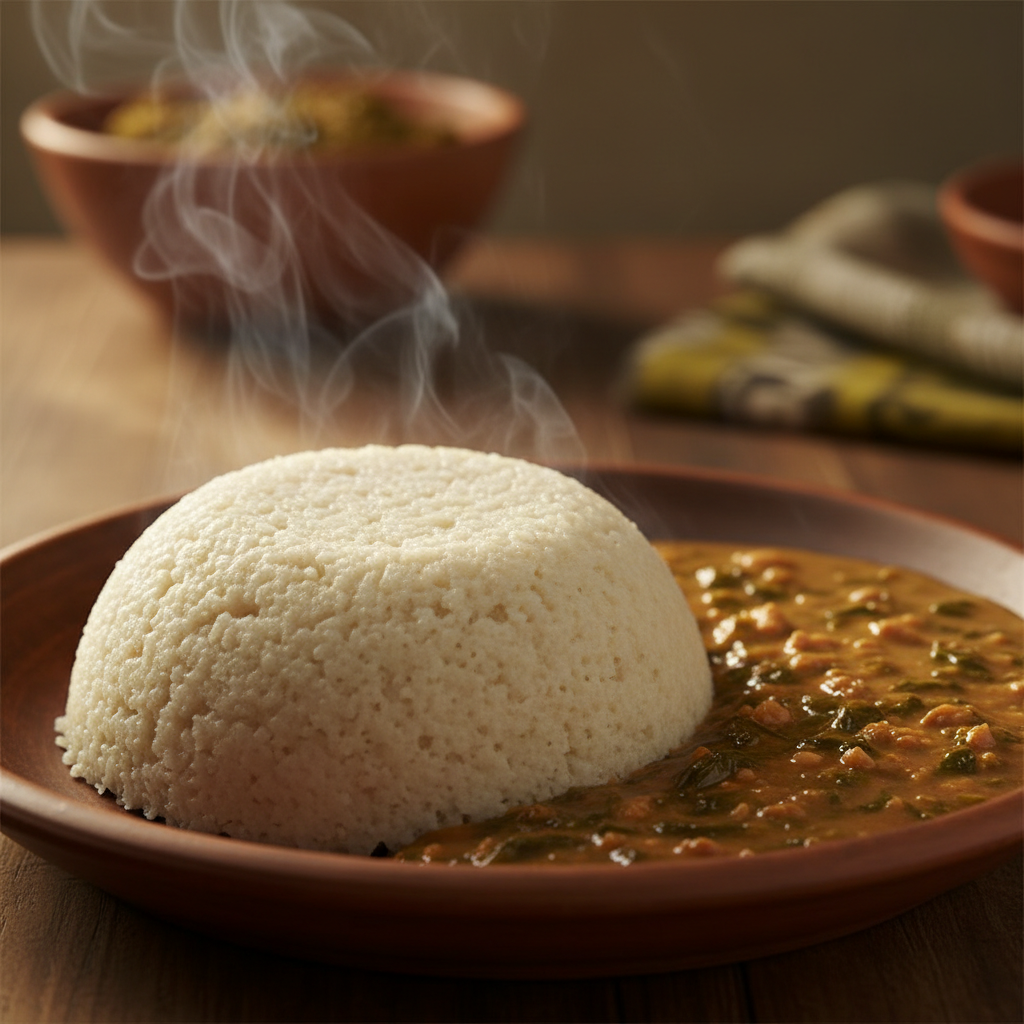 Steaming ball of white sadza on a plate next to peanut butter stew