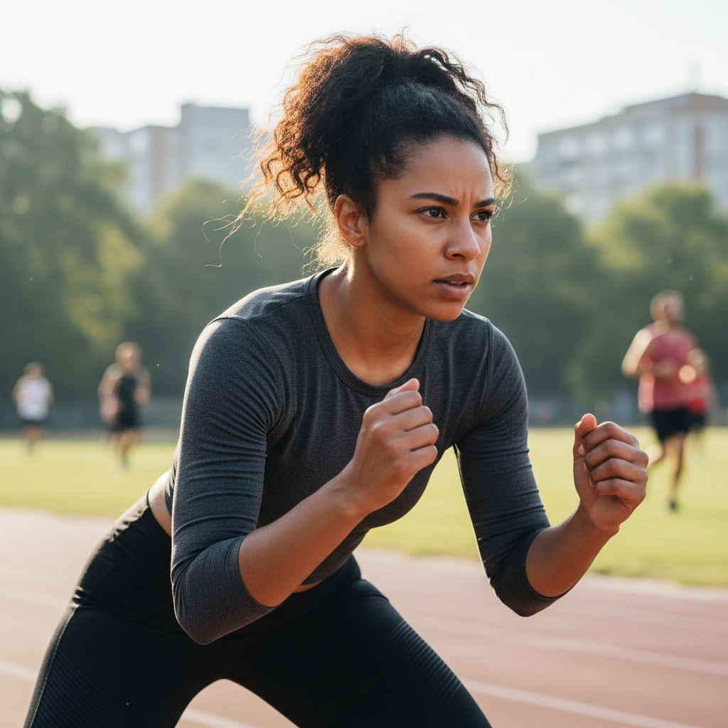 Athletic woman with focused expression and sports attire