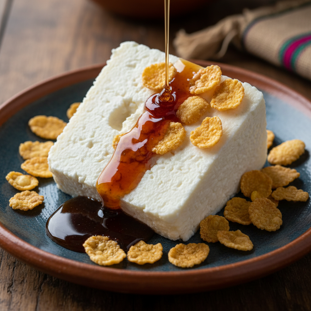 Quesillo blanco fresco de Cajamarca con miel de caña oscura y hojuelas de maíz en plato rústico de cerámica