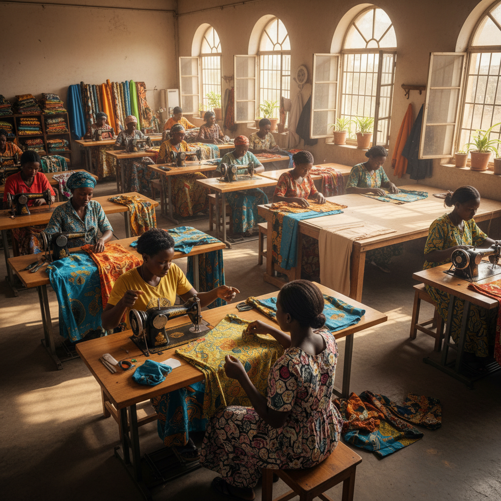 African women learning tailoring skills at JJHF vocational training center in Owerri Nigeria