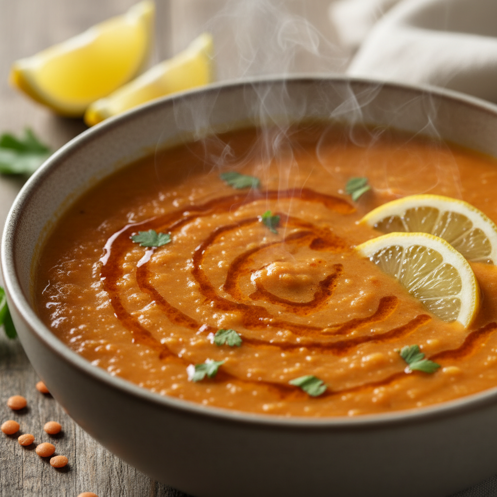 Red lentil soup in a bowl with paprika butter drizzle and fresh lemon