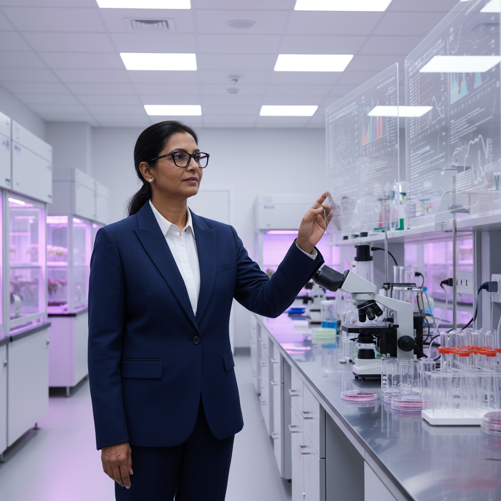 Middle-aged researcher with glasses in laboratory setting with technology equipment
