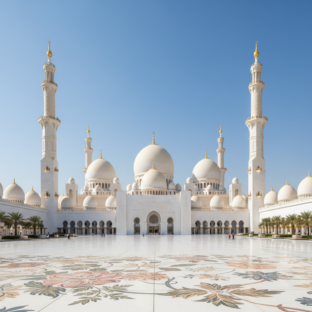 Sheikh Zayed Grand Mosque with white domes and minarets in Abu Dhabi UAE