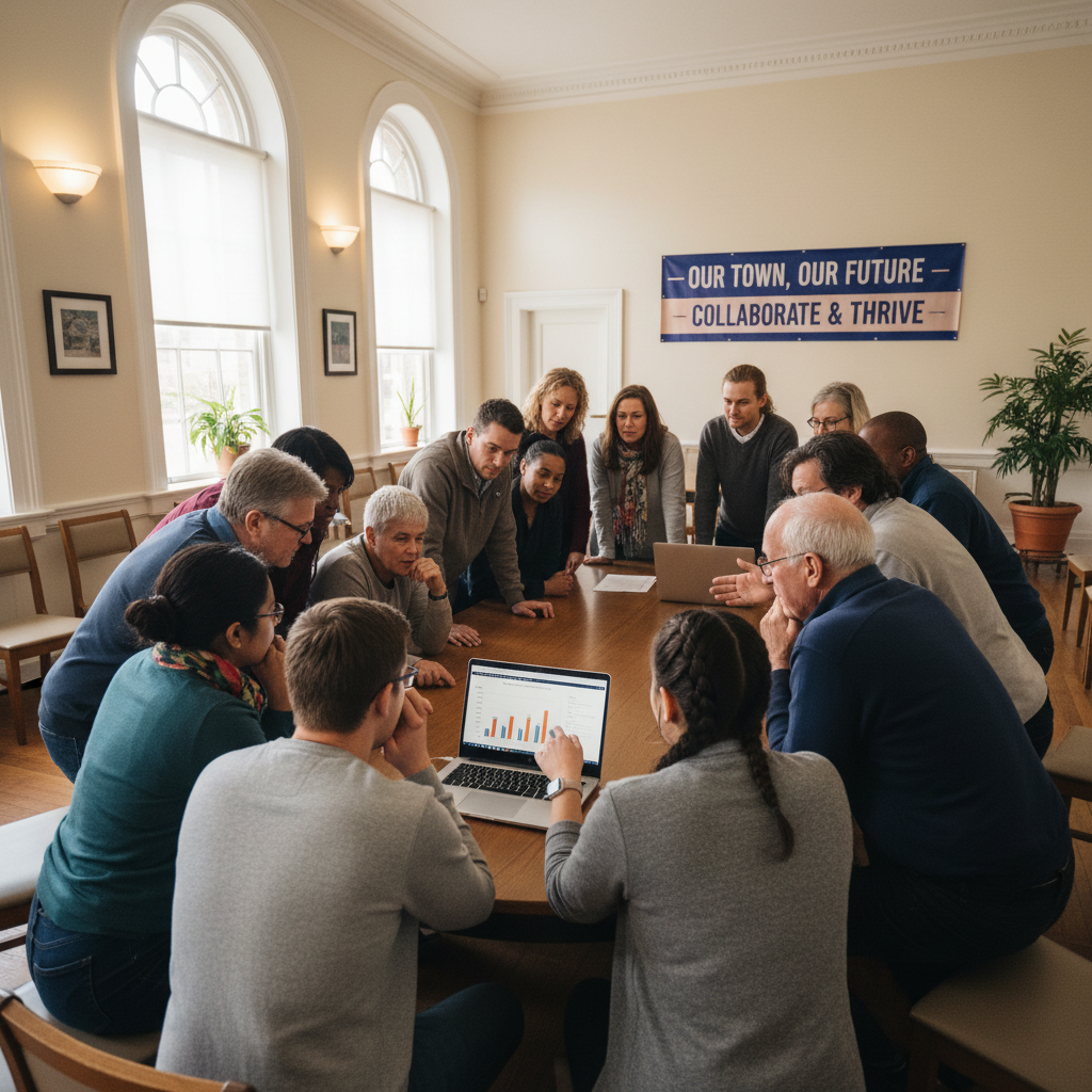 Group of community members gathered around a laptop at a town hall