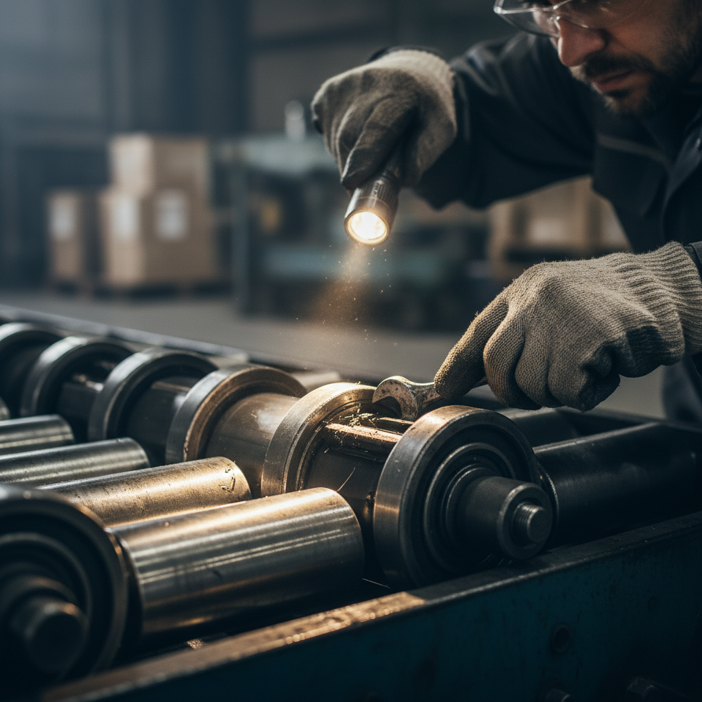 Maintenance technician inspecting and servicing conveyor belt rollers with a flashlight