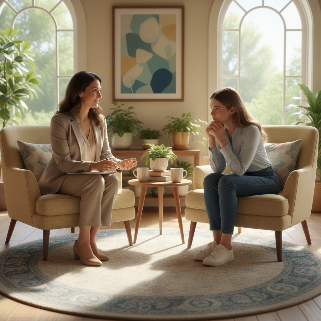 Professionelles Beratungsgespräch, zwei Personen am Tisch, helles Büro, vertrauensvolle Atmosphäre, dunkle Umgebung