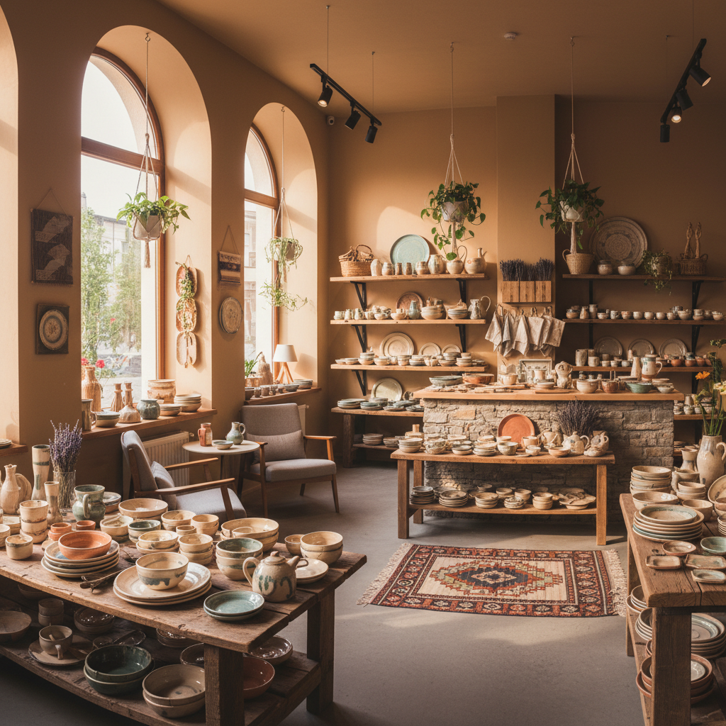 Bright well-lit small shop interior with shelves of products, warm natural light streaming through window