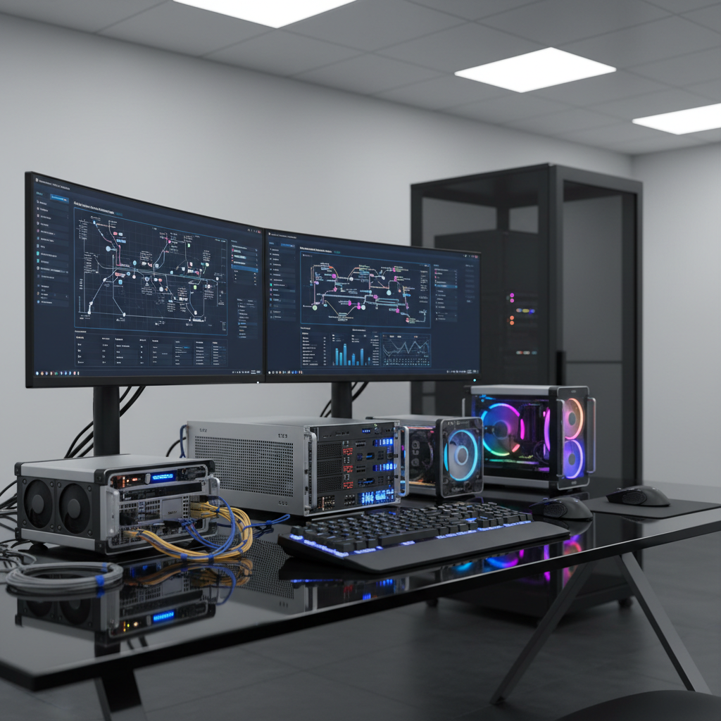 Dual professional monitors displaying data analytics on modern office desk with keyboard