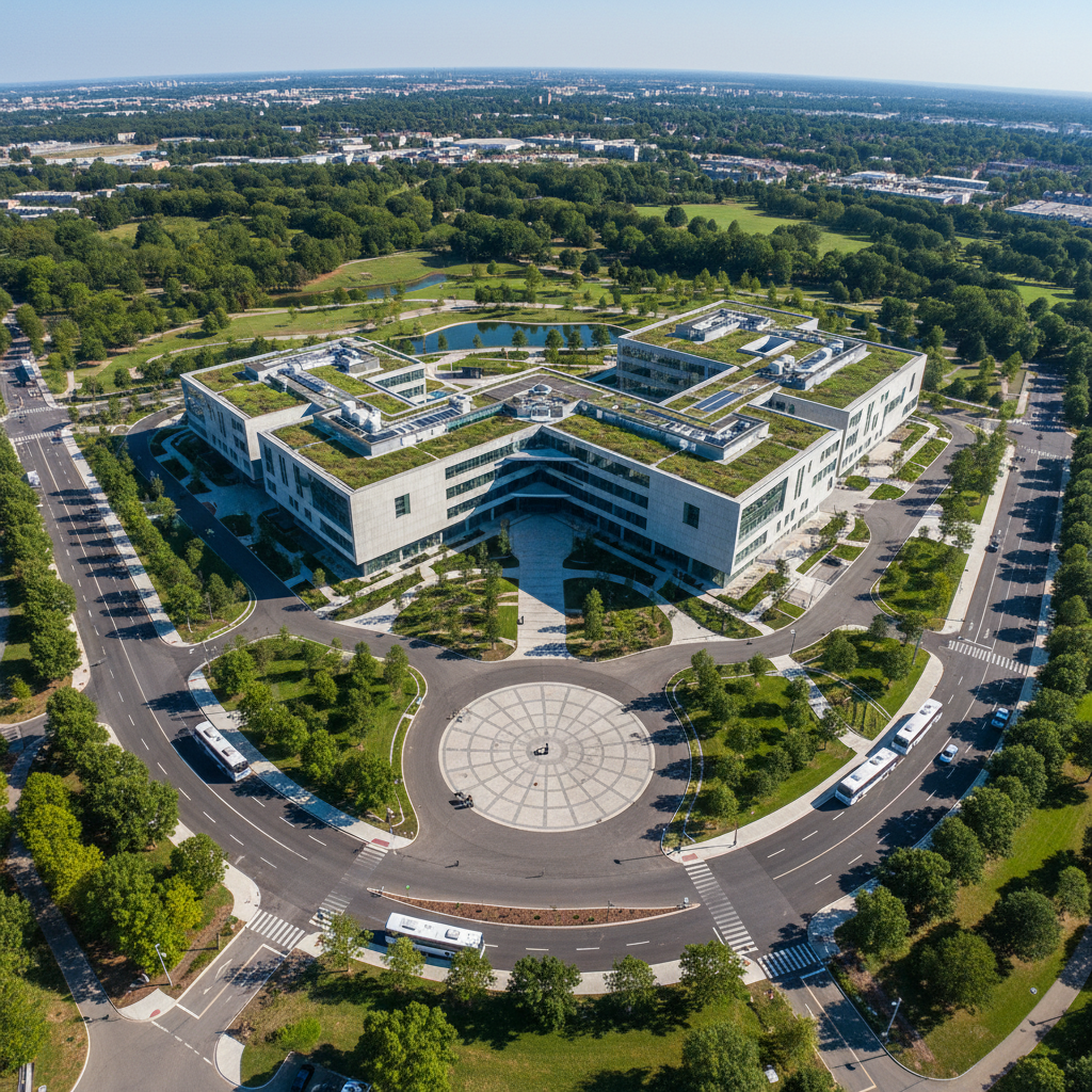 Aerial view of completed building podium with surrounding urban context