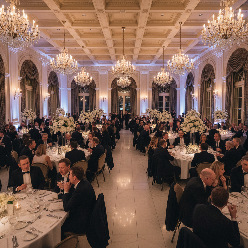 Corporate event gala dinner with sophisticated lighting, professional stage setup, well-dressed guests, elegant dark venue