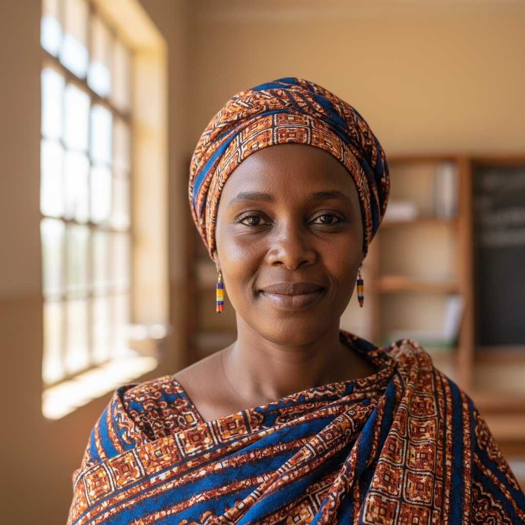 Portrait of smiling South African woman vendor in orange headwrap