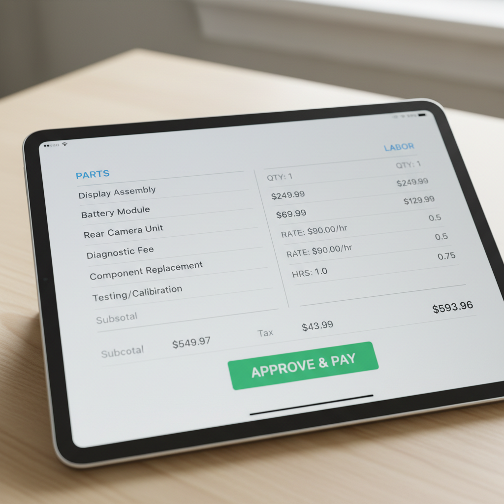 Tablet screen showing itemized repair estimate with line items for parts and labor, approve button visible