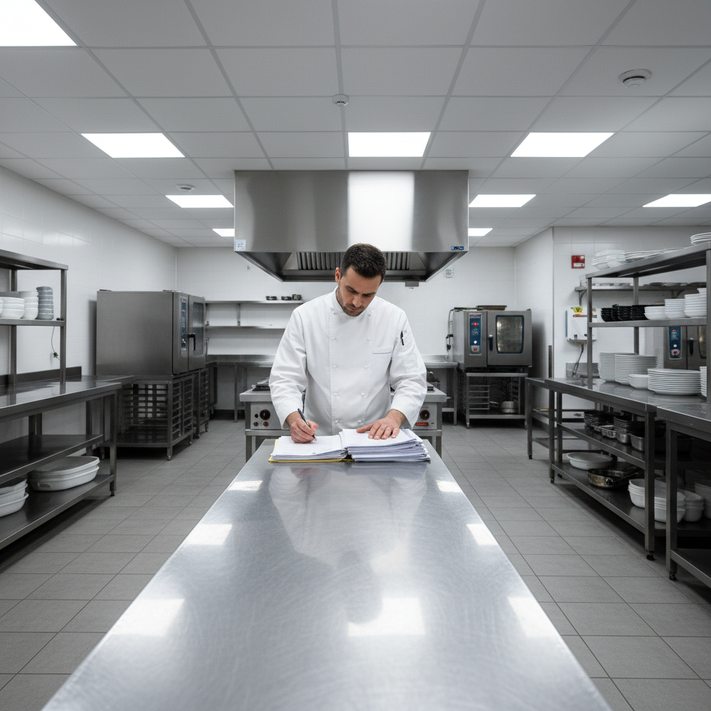 Chef reviewing enrollment paperwork at a clean stainless steel counter in a commercial kitchen